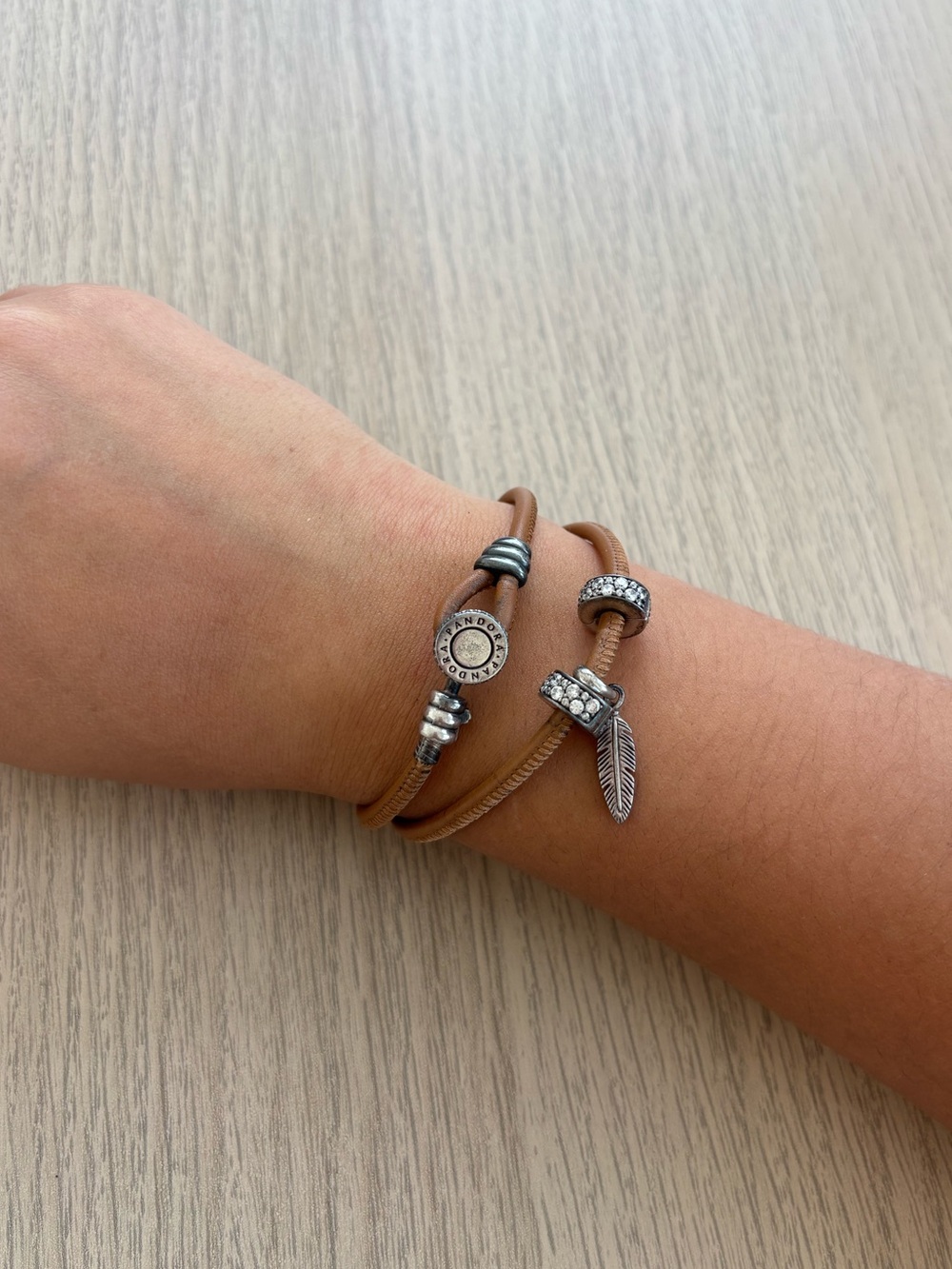 Pandora Sterling Silver Double Wrap Brown Leather Bracelet With X3 Charms